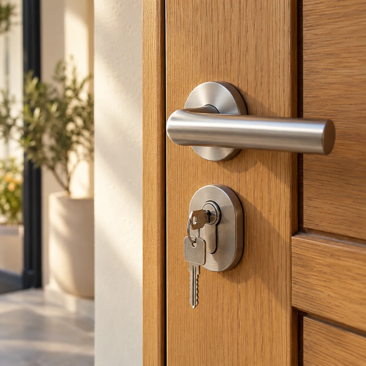 Wooden front door with a metal handle and a key in the lock